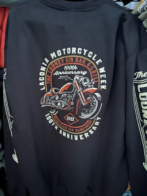 Back of the 100th Anniversary Crewneck Sweat. oval logo with vintage Bike illustration
